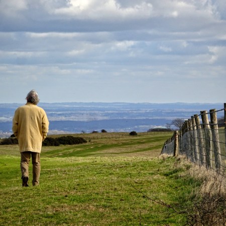A man walking next to a fence on a farm.
