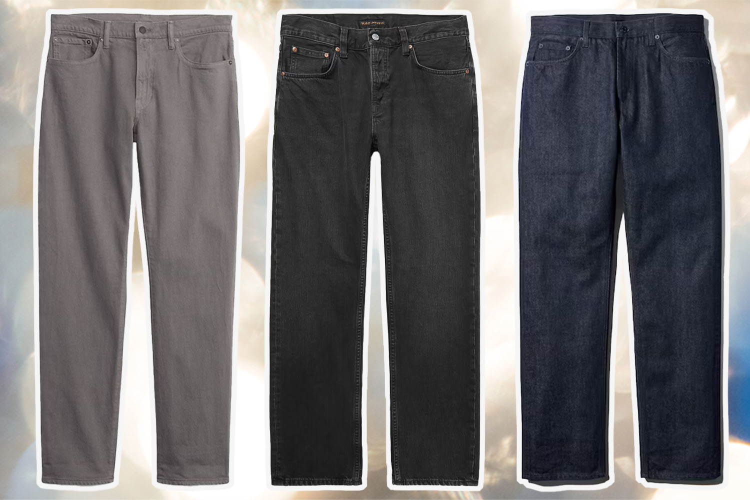 a collage of jeans on a white gradient background