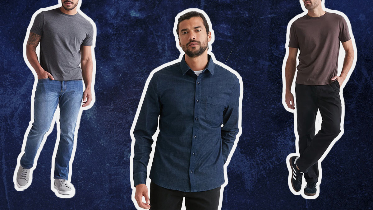 a collage of models wearing Duer clothing on a blue background
