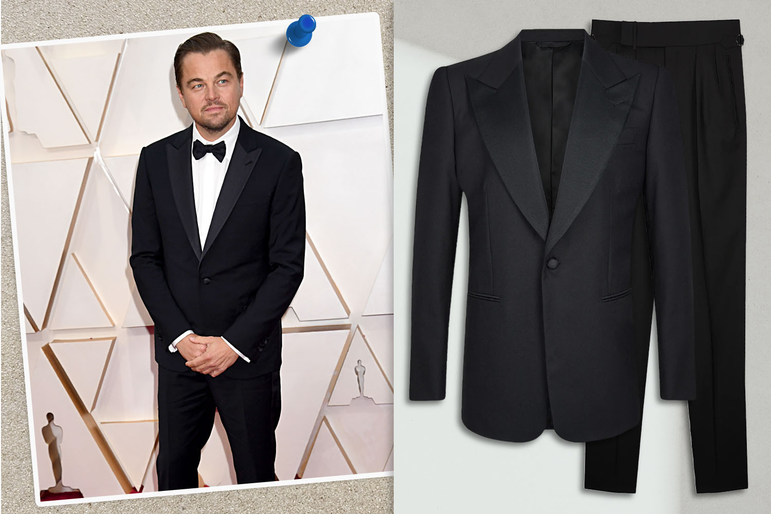 leonardo dicaprio in a peak lapel tuxedo and bowtie