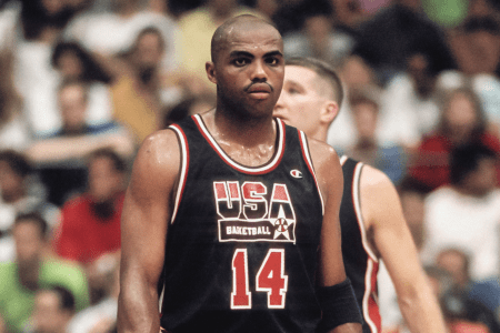 Dream Teamer Charles Barkley on the court game against Puerto Rico in Barcelona in 1992.