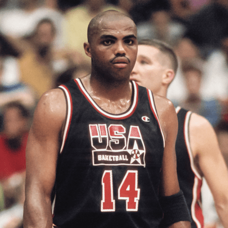 Dream Teamer Charles Barkley on the court game against Puerto Rico in Barcelona in 1992.