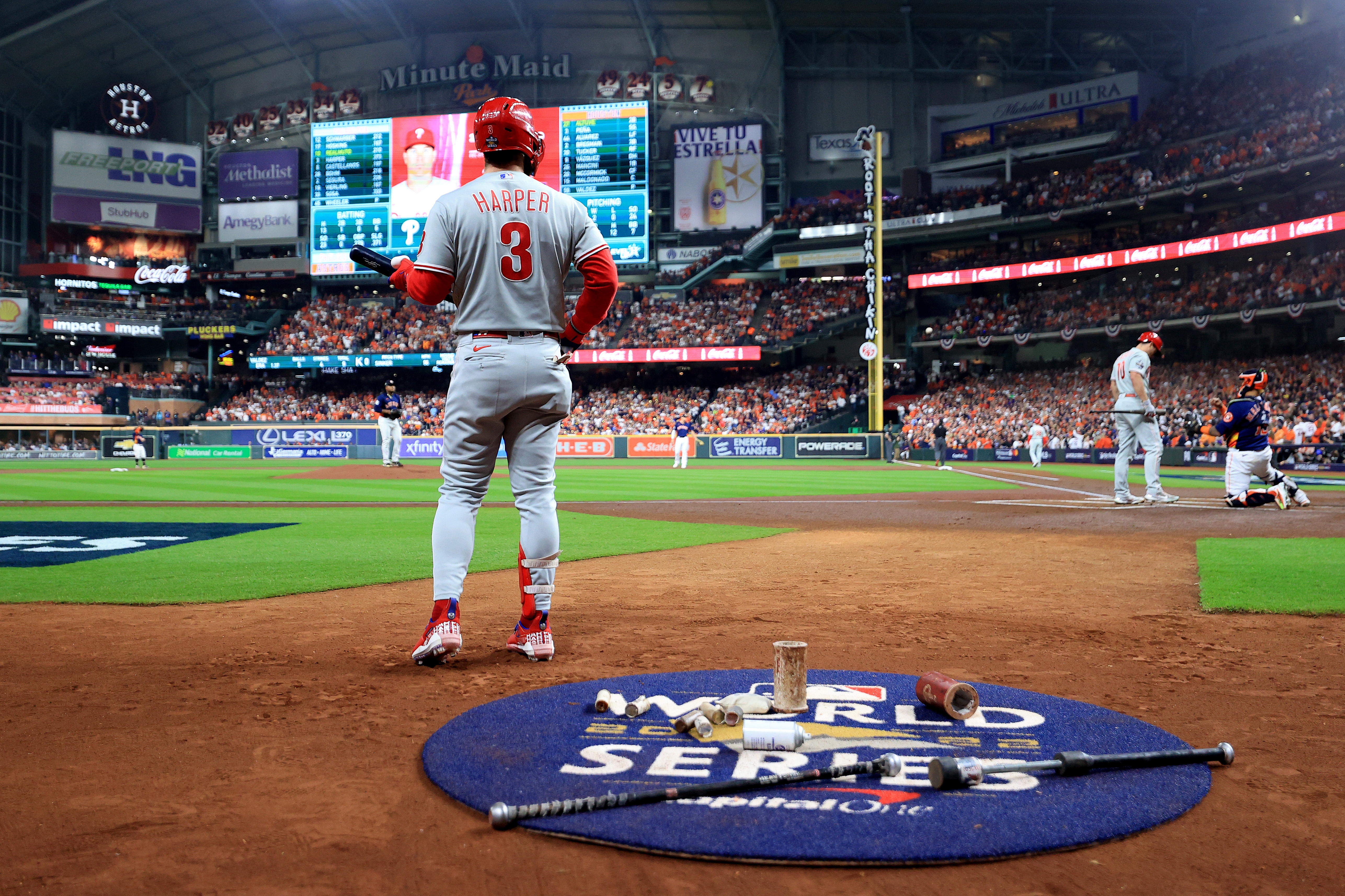 Bryce Harper stands in the on-deck circle at the 2022 World Series,