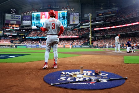Bryce Harper stands in the on-deck circle at the 2022 World Series,