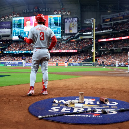 Bryce Harper stands in the on-deck circle at the 2022 World Series,