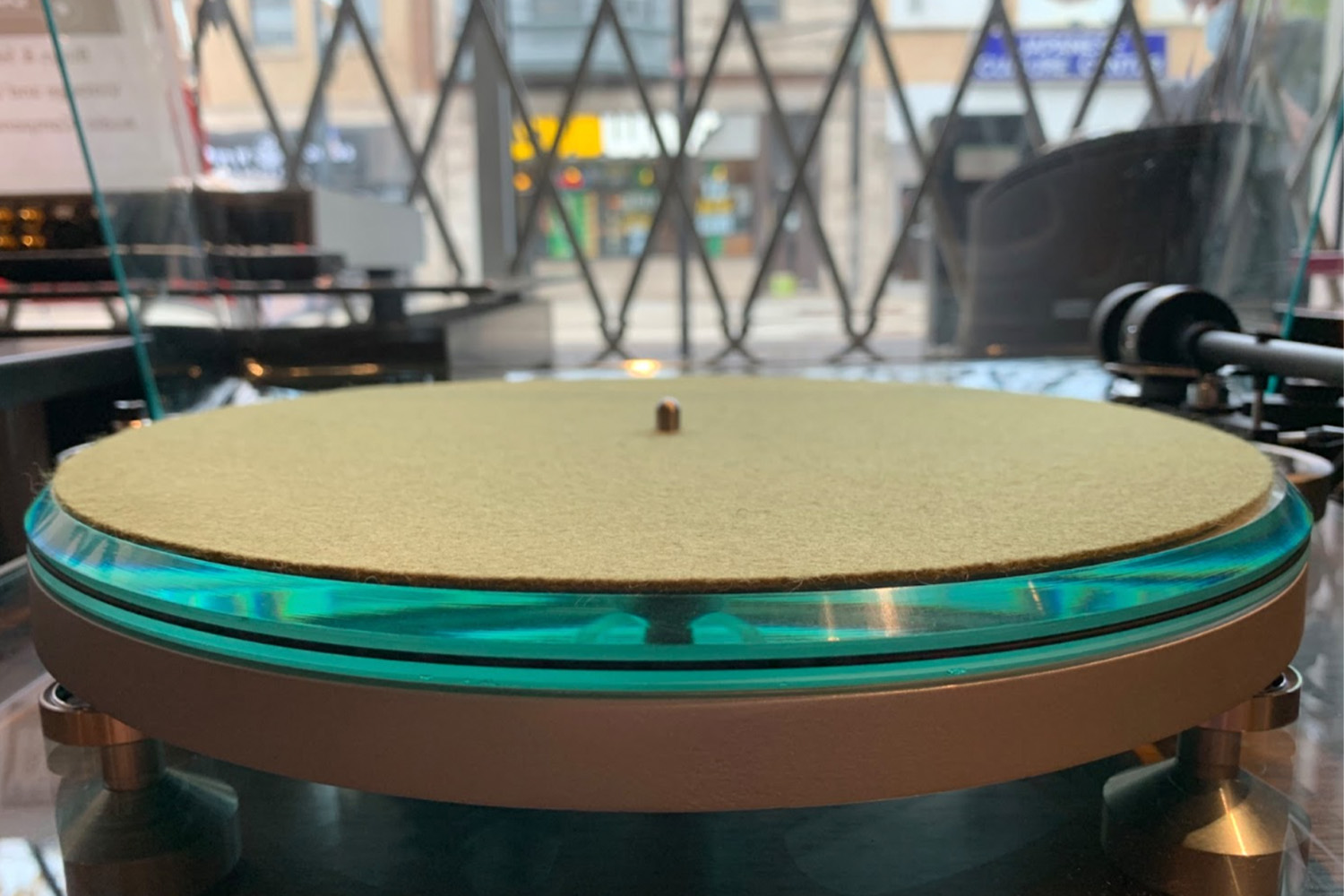 Vintage audio equipment a turntable with a green platter