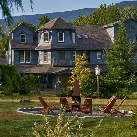 The outside of Hotel Lilien, and yes, that is a fire pit in front
