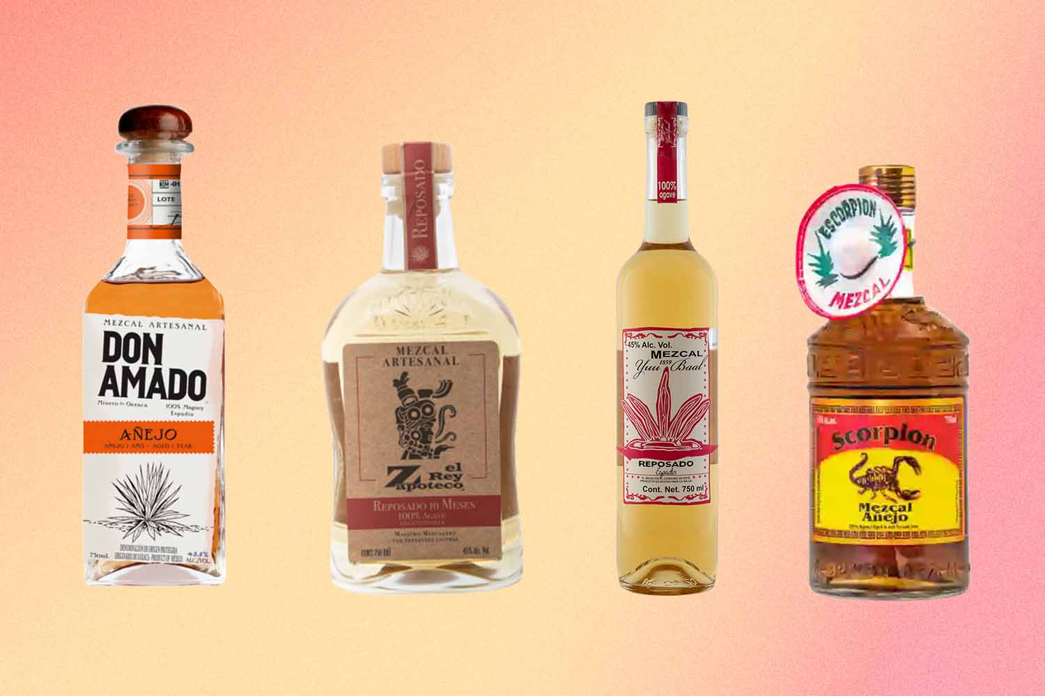 four bottles of aged mezcals on a gradient background