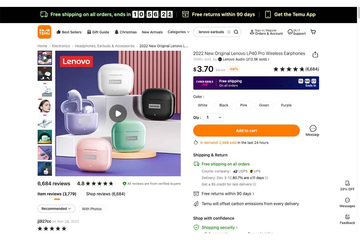 Temu Review: A screenshot of Temu's shopping site