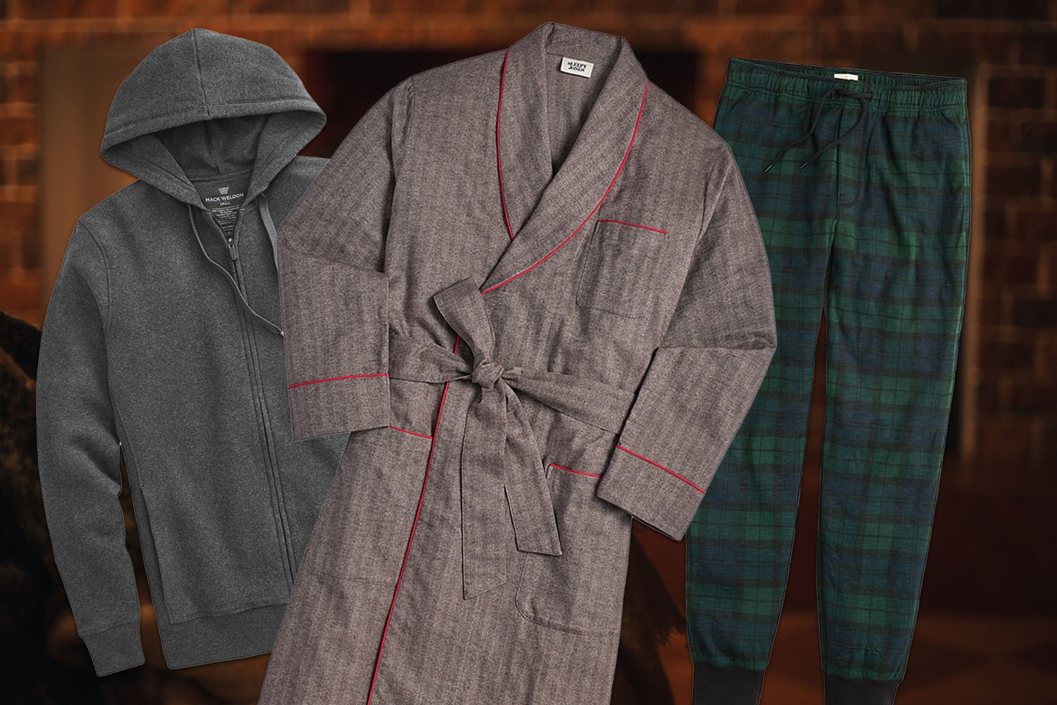 A collage of PJs on a cozy fireplace background