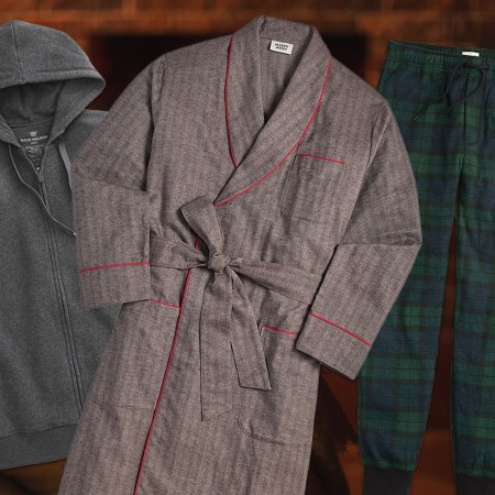 A collage of PJs on a cozy fireplace background