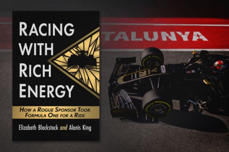 The cover of the book "Racing With Rich Energy," by journalists Alanis King and Elizabeth Blackstock, next to a Haas F1 car with a Rich Energy decal
