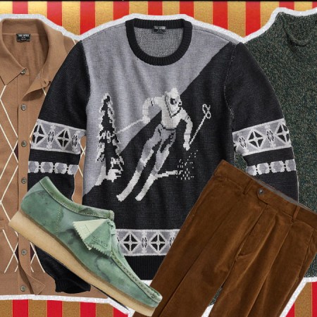 A collage of Todd Snyder Winter Sale items on a red and gold striped background