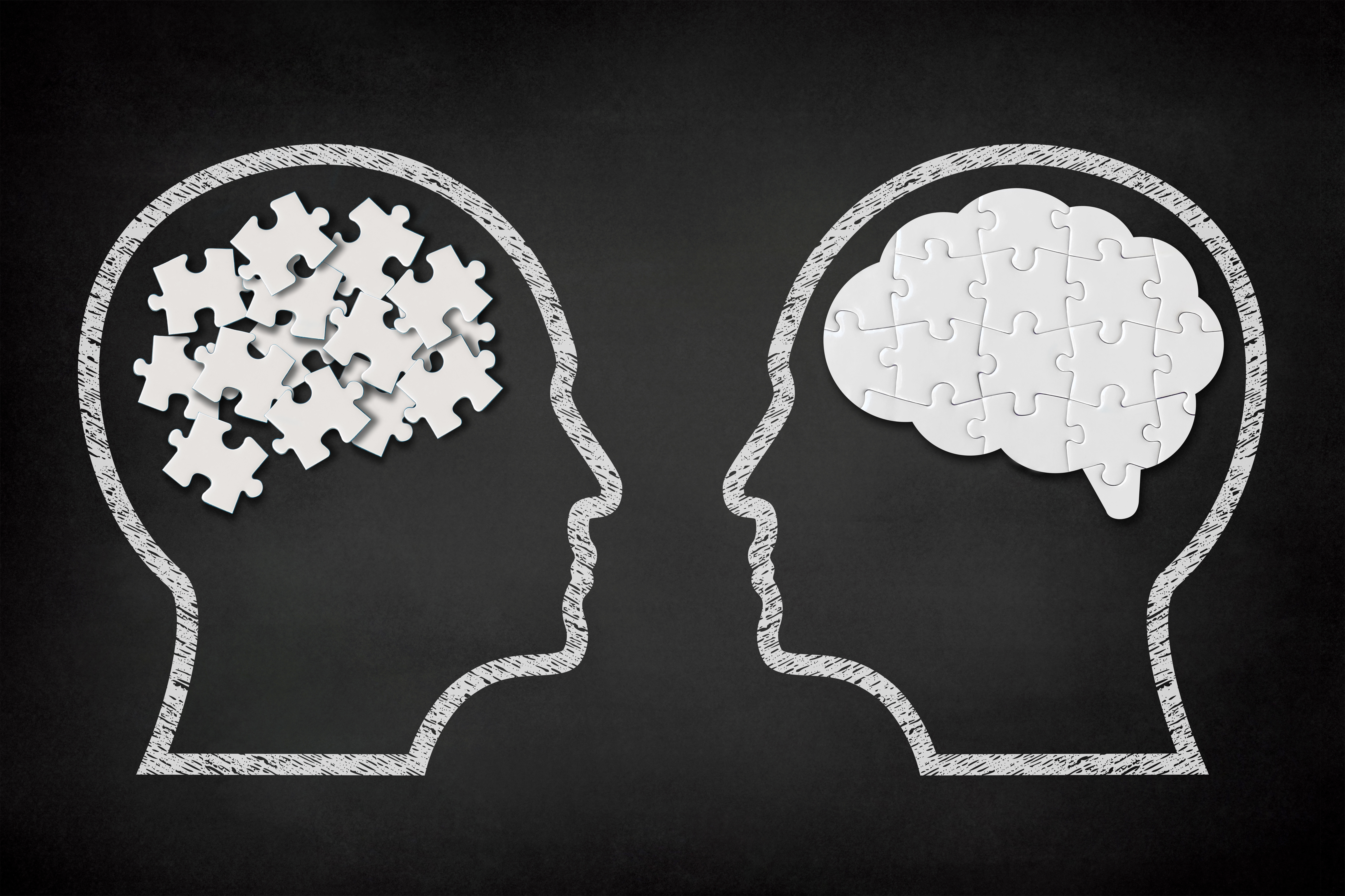 A pictograph of brains with puzzles, one is scrambled and one is assembled.
