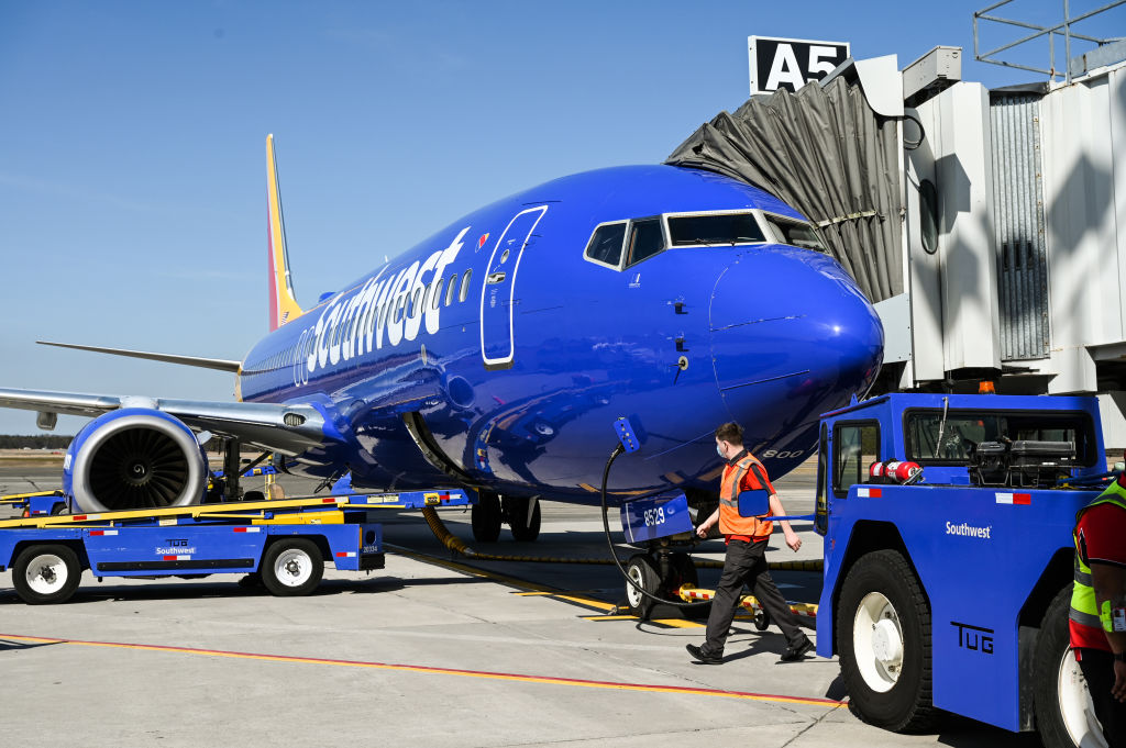 A Southwest Airlines flight taxis to a gate at Long Island MacArthur Airport in Ronkonkoma, NY.