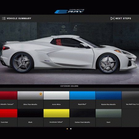 The online visualizer for the 2024 Chevrolet Corvette E-Ray, a hybrid version of the sports car, that was leaked in December 2022