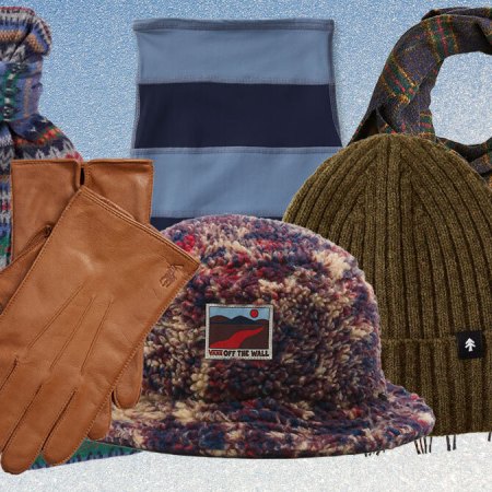 A collage of the best winter gifts for men on a grey background