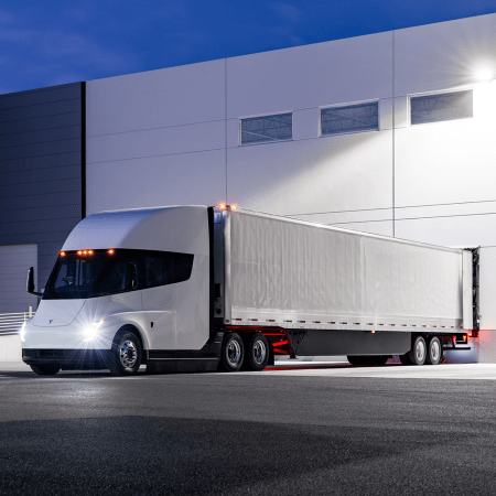 The Tesla Semi, an electric long-haul truck, pulled up to a loading dock at a warehouse