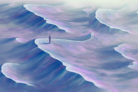 A lonely man standing in the middle of a surreal landscape.