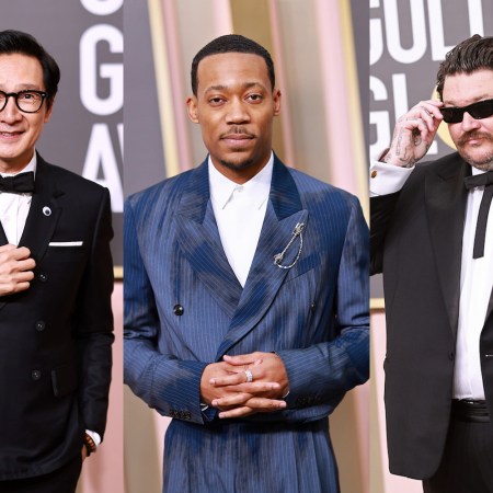 a collage of the best menswear from the Golden Globes.
