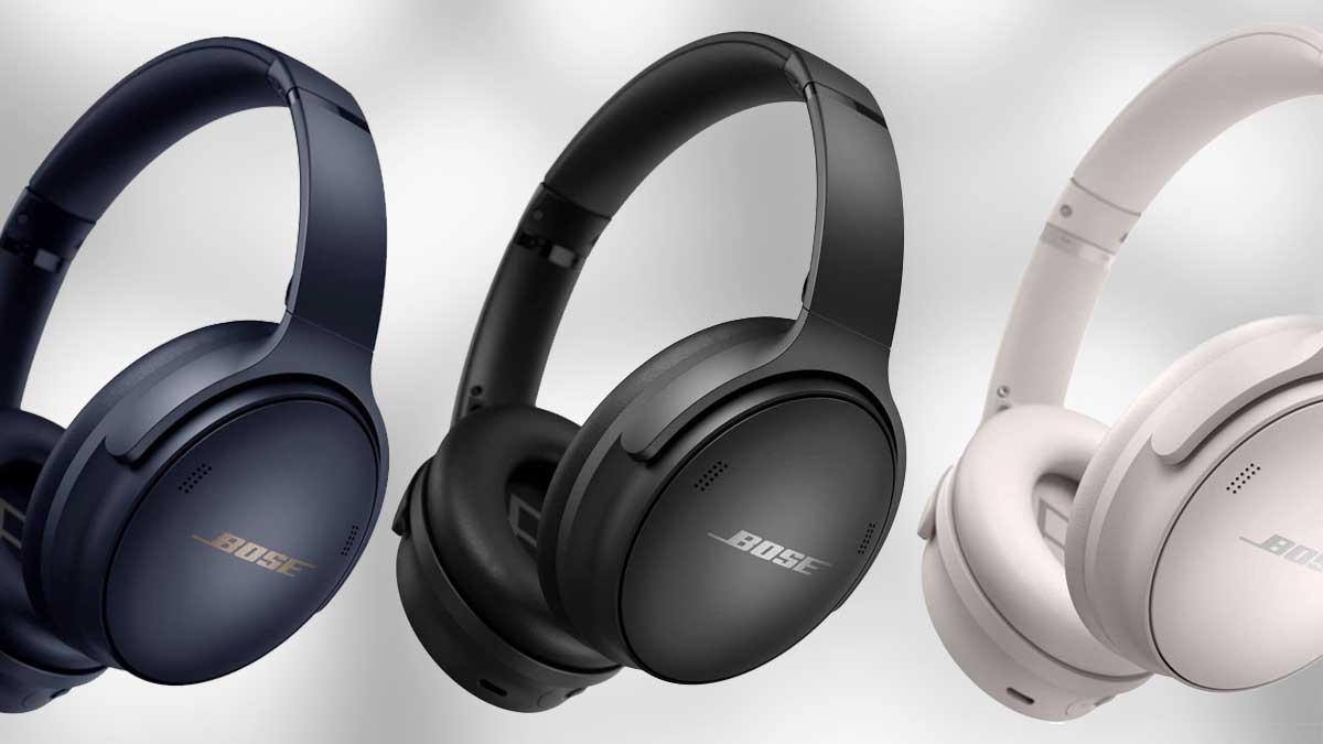 Three Bose QuietComfort 45 Bluetooth Wireless Noise Cancelling Headphones, on a grey background.