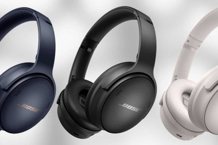 Three Bose QuietComfort 45 Bluetooth Wireless Noise Cancelling Headphones, on a grey background.
