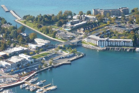 An aerial photo of Lake Charlevoix in Michigan where a Prohibition-era floating speakeasy called the "Keuka" sunk