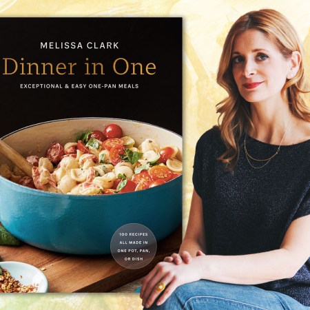melissa clark headshot next to dinner in one cookbook