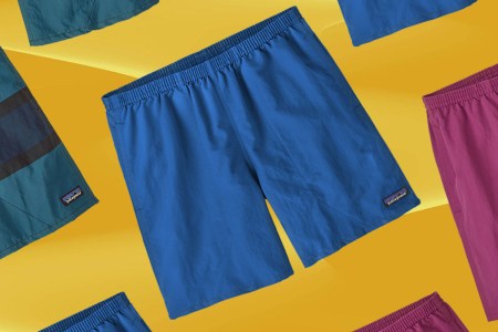 a collage of Patagonia Baggies shorts on sale on a yellow background