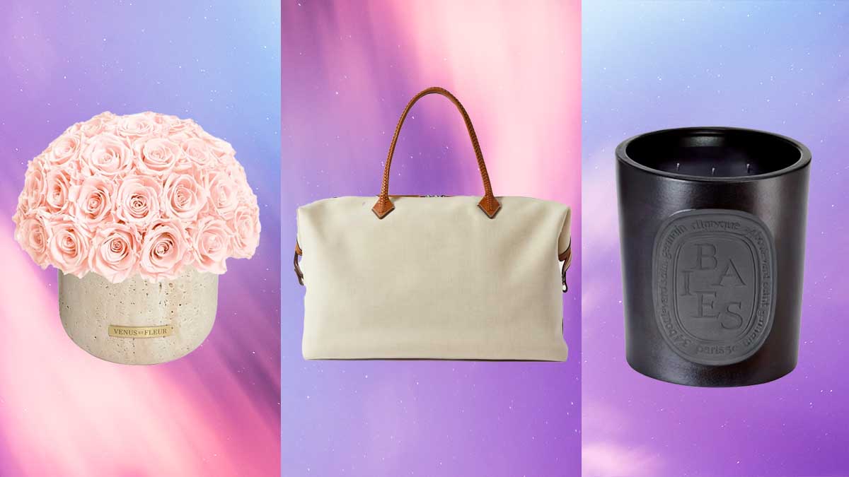 Flowers, weekender bag and a candle, all great splurge worthy gifts to give this Valentine's Day 2023