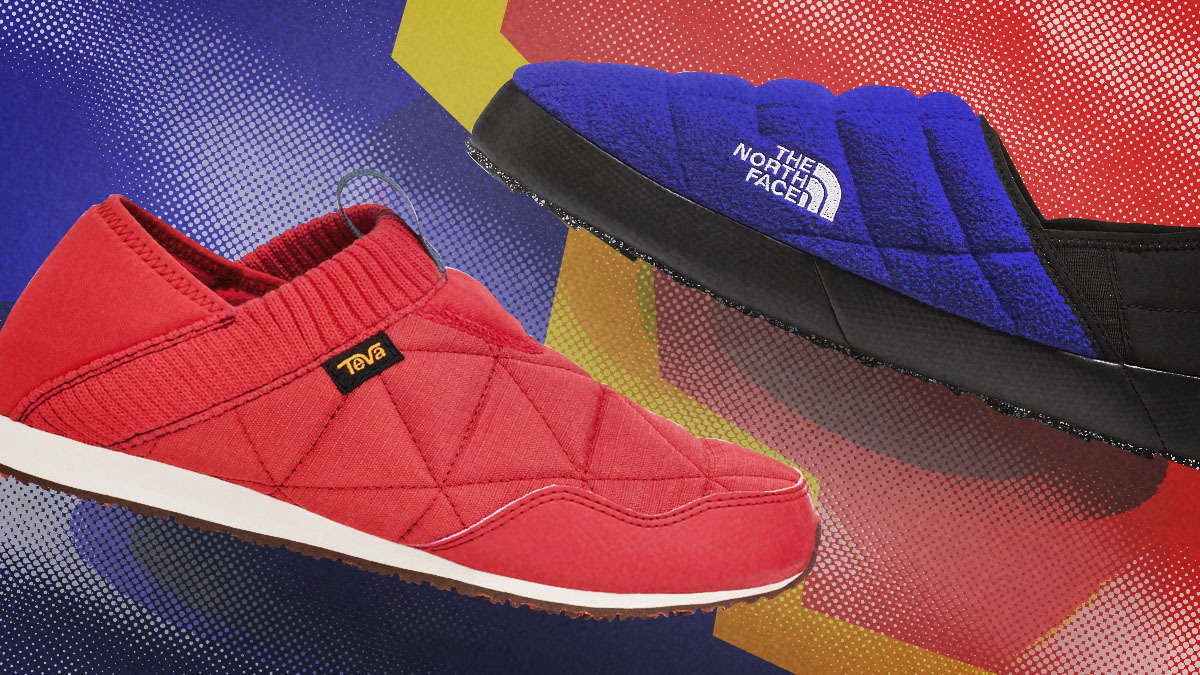 a collage of the Teva and North Face outdoor slippers on a red and blue background