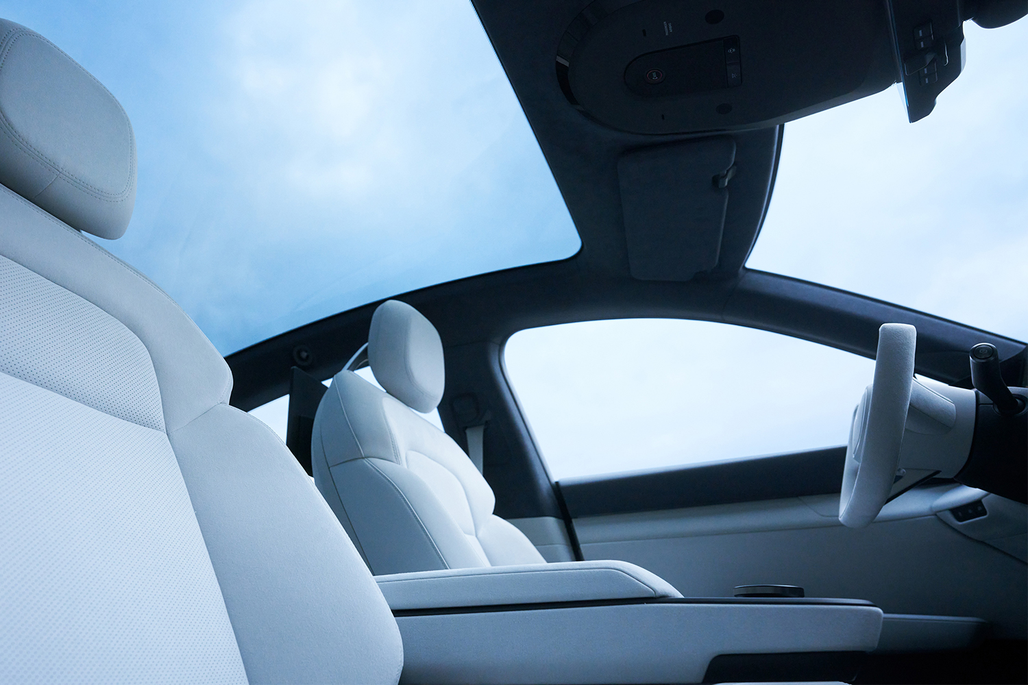 The yoke steering wheel in the Afeela, an EV prototype from Sony Honda Mobility