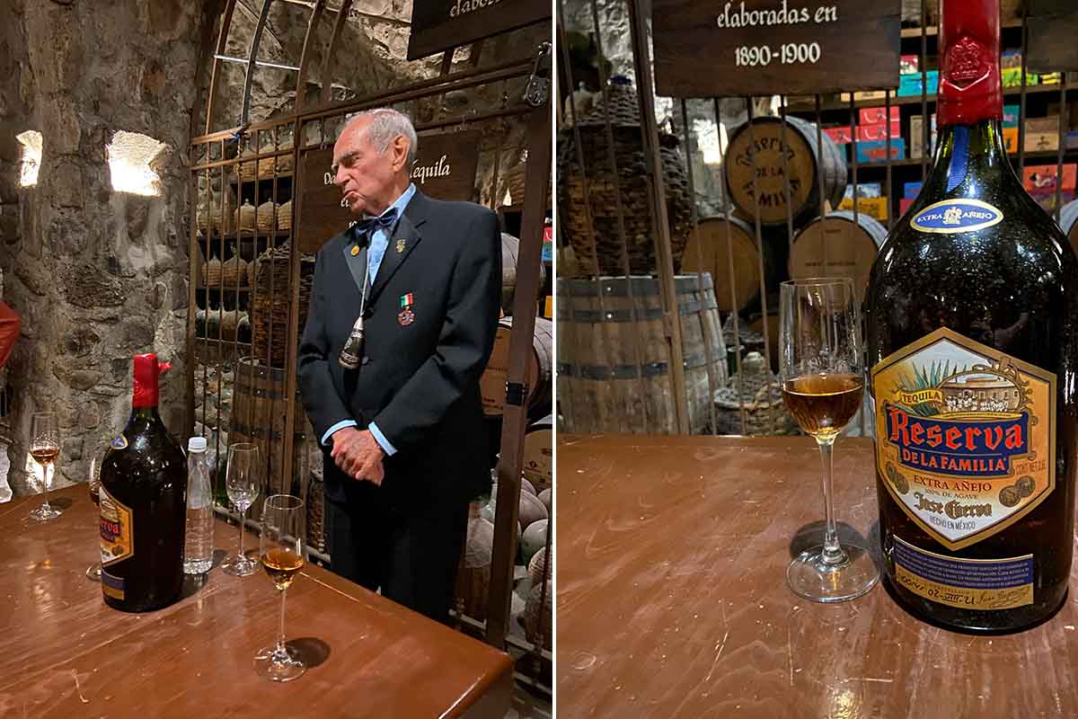 Don Francisco Hajnal Alfaro, a longtime maestro tequilero at Jose Cuervo and a close-up of the Reserva de la Familia bottle