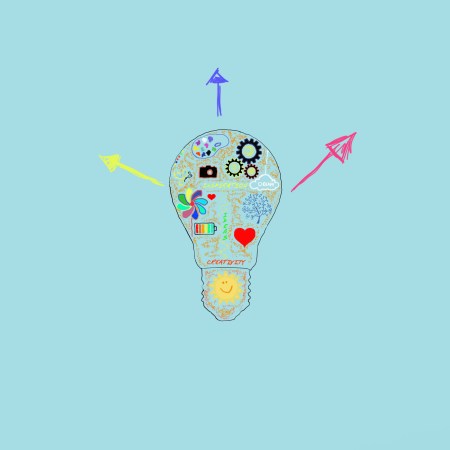 An illustration of a lightbulb, with colorful lines and squiggles.