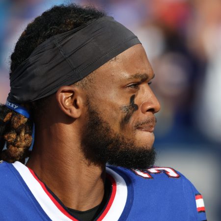 Damar Hamlin of the Bills on the sideline during a preseason game.