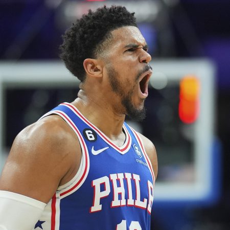 Tobias Harris of the Philadelphia 76ers reacts against the Hawks.