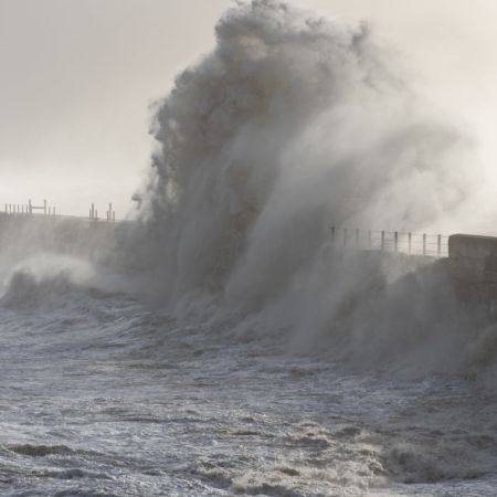 Stormy seas at the breakwater on the Headland, Hartlepool, County Durham. Lobsters and crabs in England are dying through mysterious reasons.