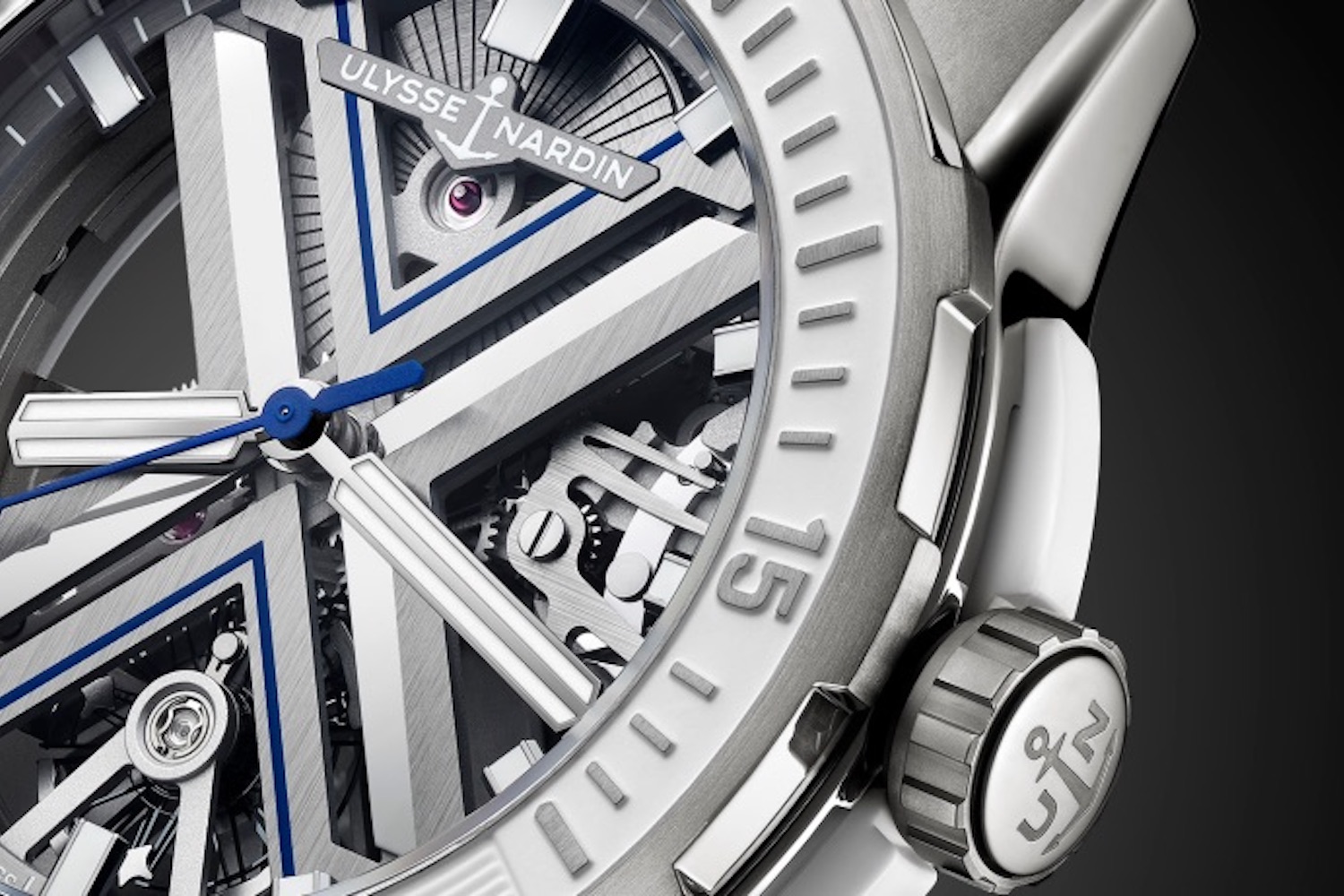 a close up of a Ulysse Nardin watch on a black background