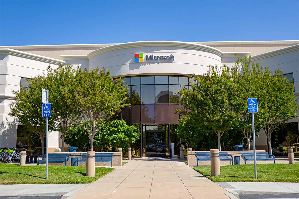 Facade with sign and logo at regional headquarters of computing company Microsoft in the Silicon Valley, Mountain View, California, May 3, 2019. Micorsoft recently announced an unlimited vacation policy