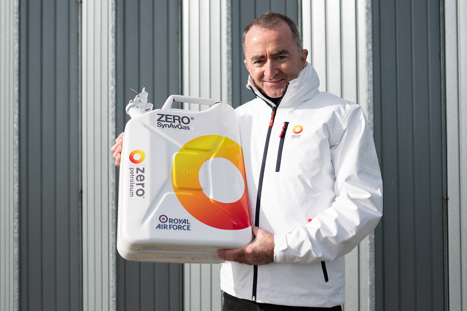 Paddy Lowe, formerly of Formula 1, holding a jerrycan from Zero Petroleum, his synthetic fuel company