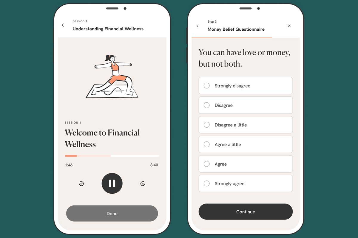 Screenshots from the financial therapy app Stackin
