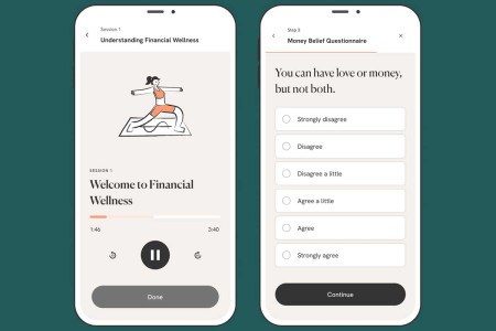 Screenshots from the financial therapy app Stackin