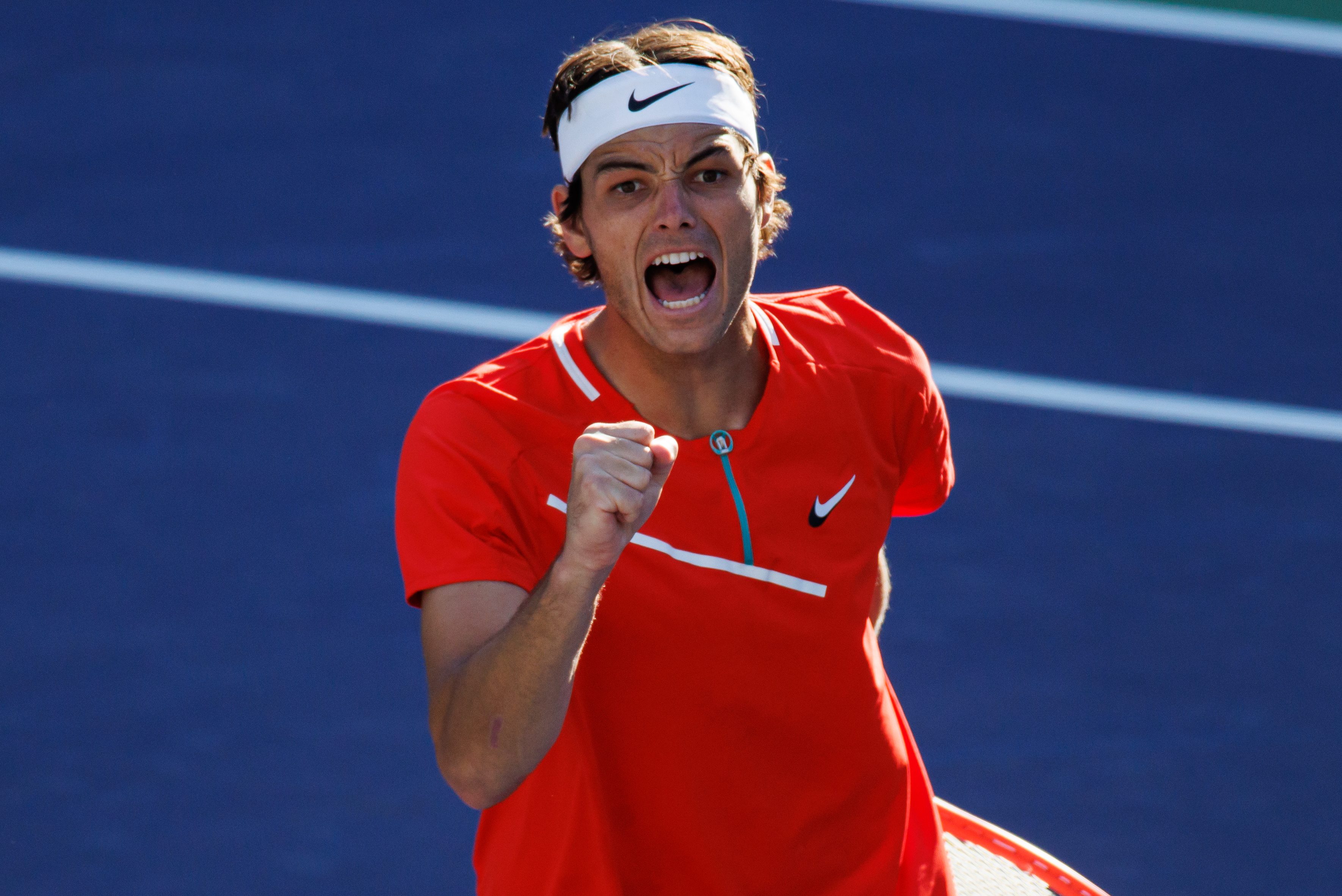 Taylor Fritz celebrates against Rafael Nadal in the final at Indian Wells.
