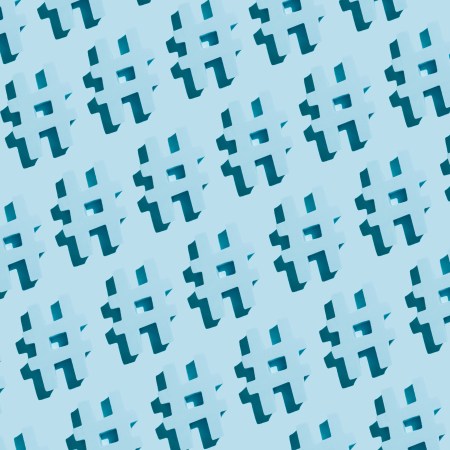 An illustration of hashtags against a blue background.