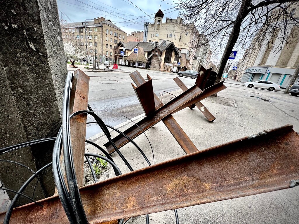 barbed wire and broken metal in Kyiv