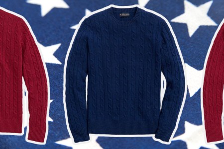 a collage of red and blue sweaters from Brooks Brothers on a star background