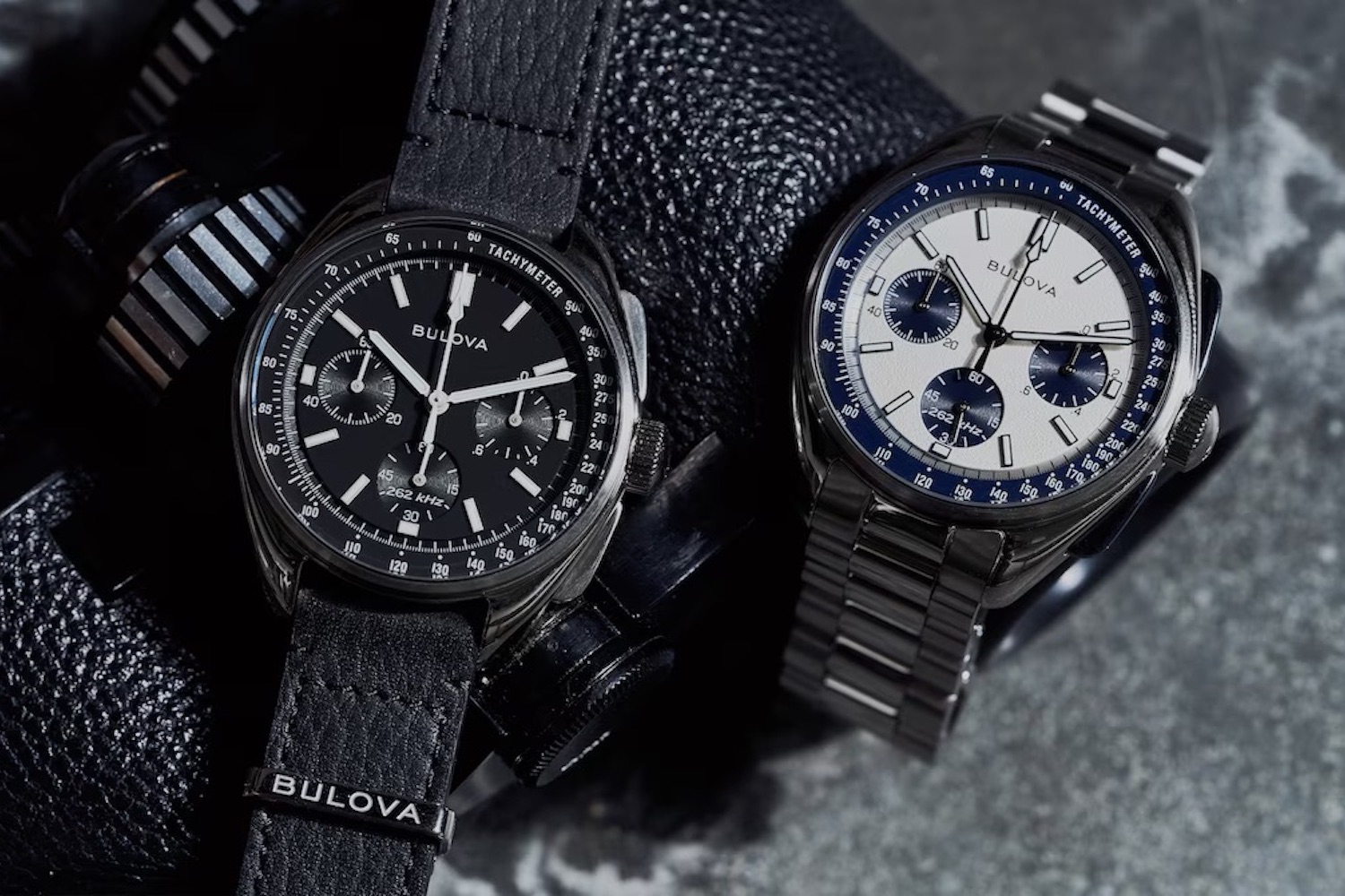 two new archival Bulova Lunar Pilot watches on a moon background