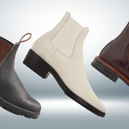 a collage of chelsea boots on a silver background