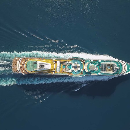 Aerial view of a large cruise ship at sea. Did you know that most cruise ships don't have overboard protection systems?