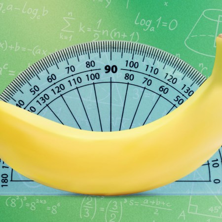 a banana in front of a blue protractor on a green background